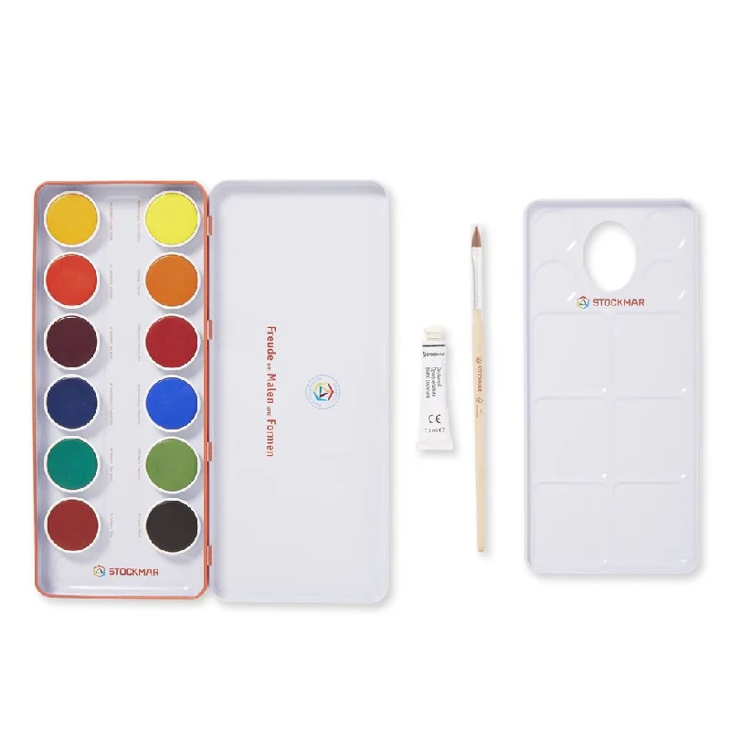 Stockmar Opaque Paints with natual brush and mixing palate in metal box