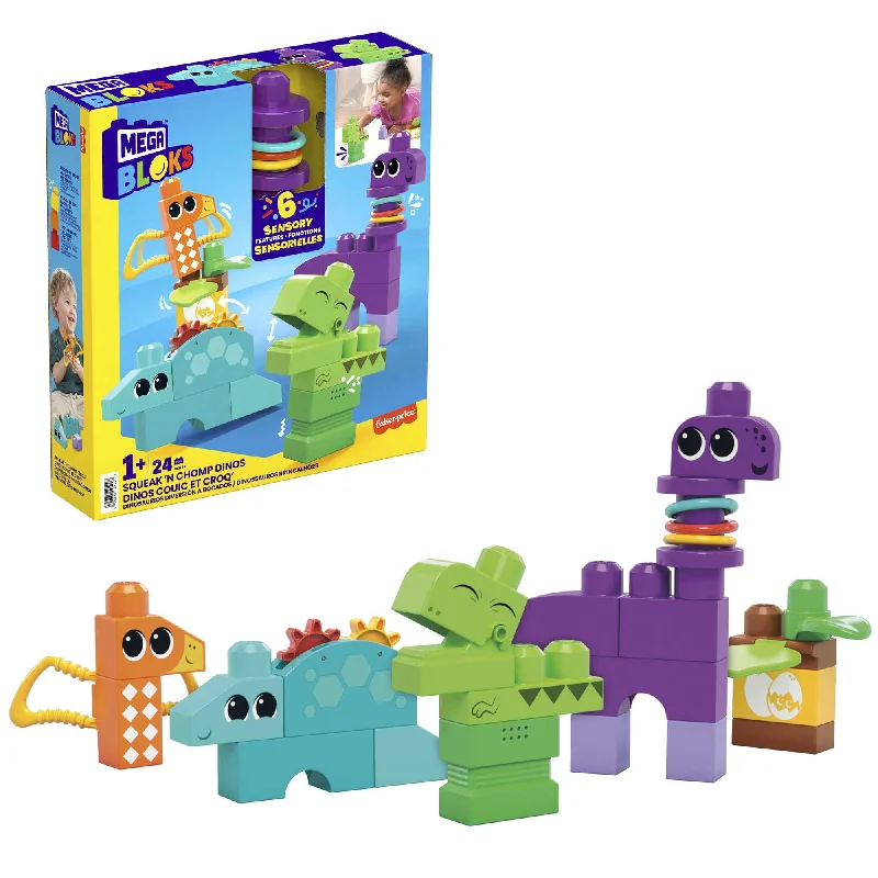 Solid Wood Building Blocks with Glow - in - the - Dark Elements for Nighttime FunMEGA Bloks Squeak 'n Chomp Dinos Sensory Building Toys For Toddlers 1-3 (24 Pcs)