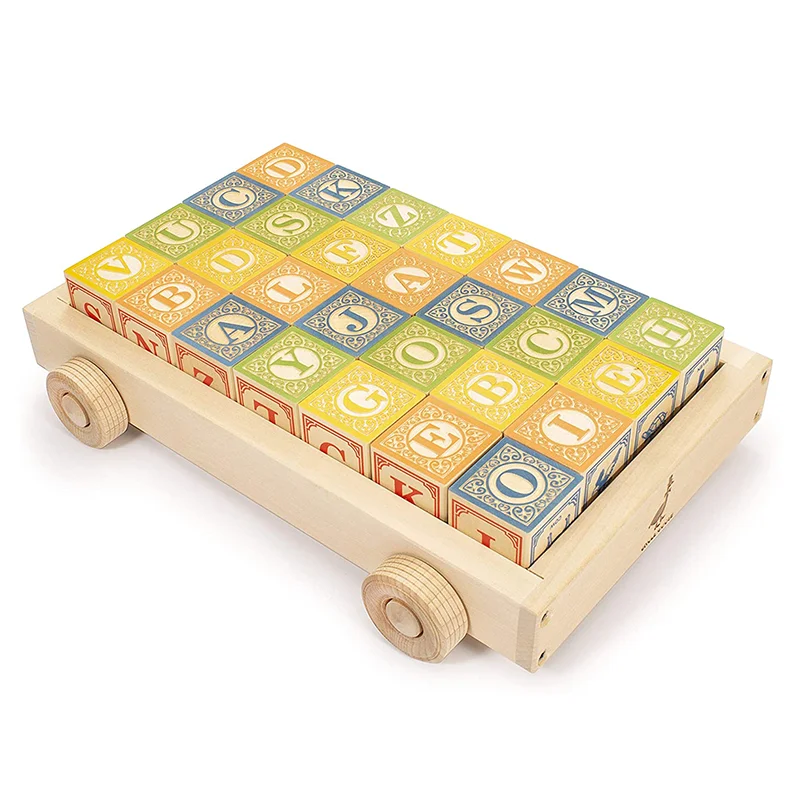 High - Quality Solid Wooden Building Blocks with Magnetic Inserts for Added StabilityUncle Goose English Alphabet Blocks with Wagon Base