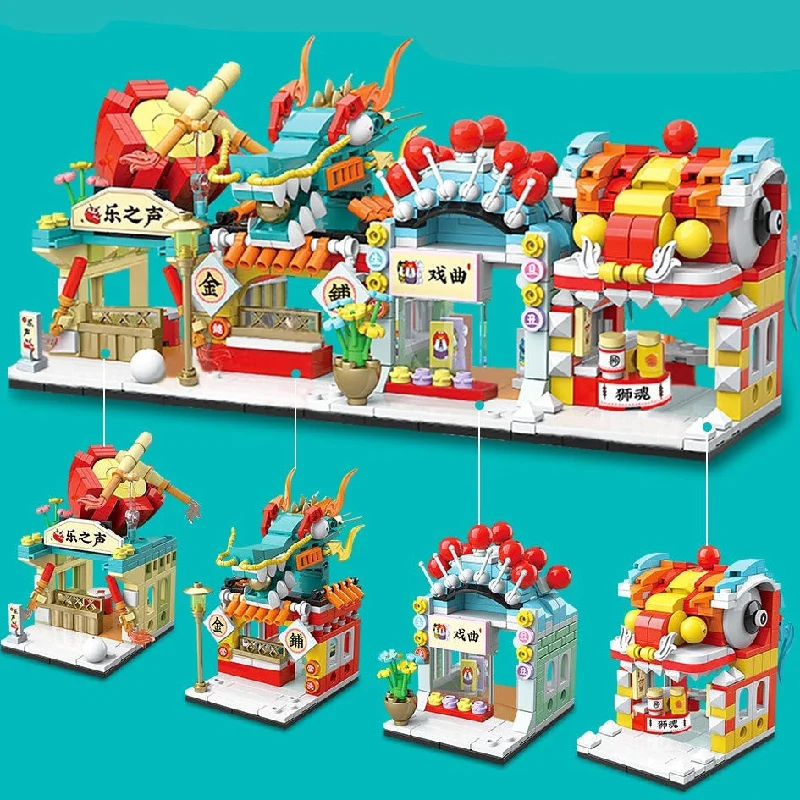 Solid Wood Building Blocks with Removable Parts for Customizable CreationsChinese Lion Dragon Stores Micro Building Sets Solid Wood Building Blocks with Removable Parts for Customizable CreationsChinese Lion Dragon Stores Micro Building Sets