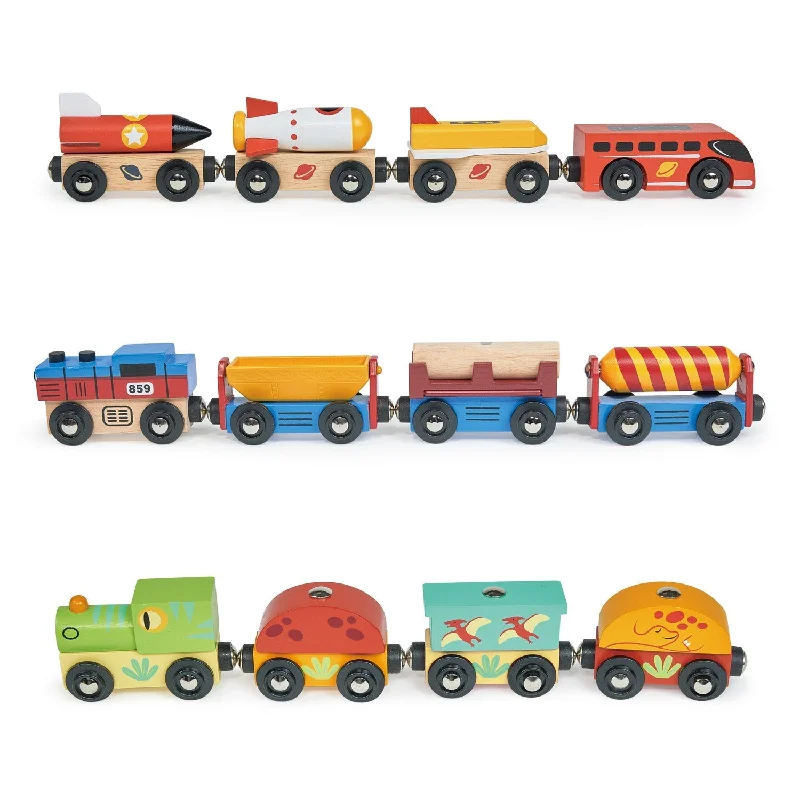 Eco - Friendly Wooden Building Blocks Set with Magnetic Connectors for Creative ConstructionAdventure Trains Bundle