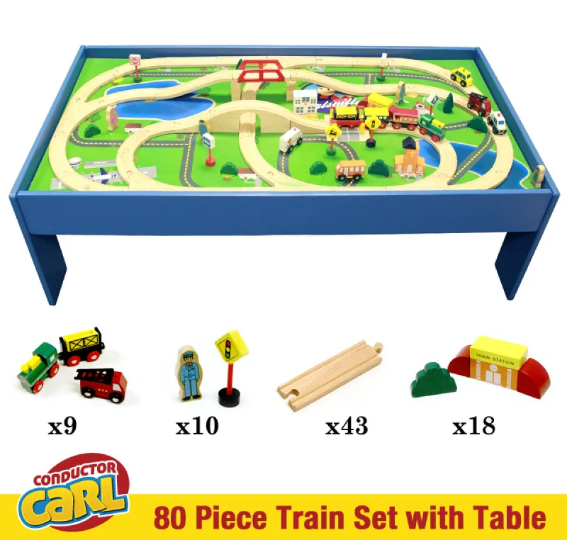 Slot Car Racing Set featuring Formula 1 Cars and a Multilane TrackBrybelly Train Conductor Carl 80-Piece Wooden Train Set With Table