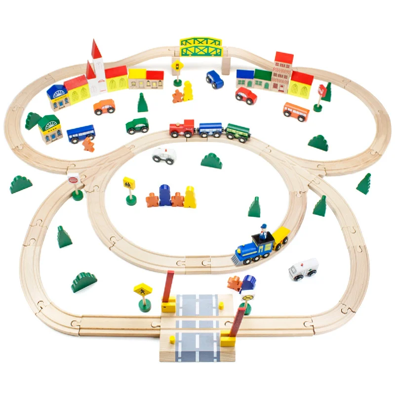 Collectible Train Set with a Steam Locomotive, Passenger Cars, and Track AccessoriesBrybelly Conductor Carl 100 Piece Wooden Train Set