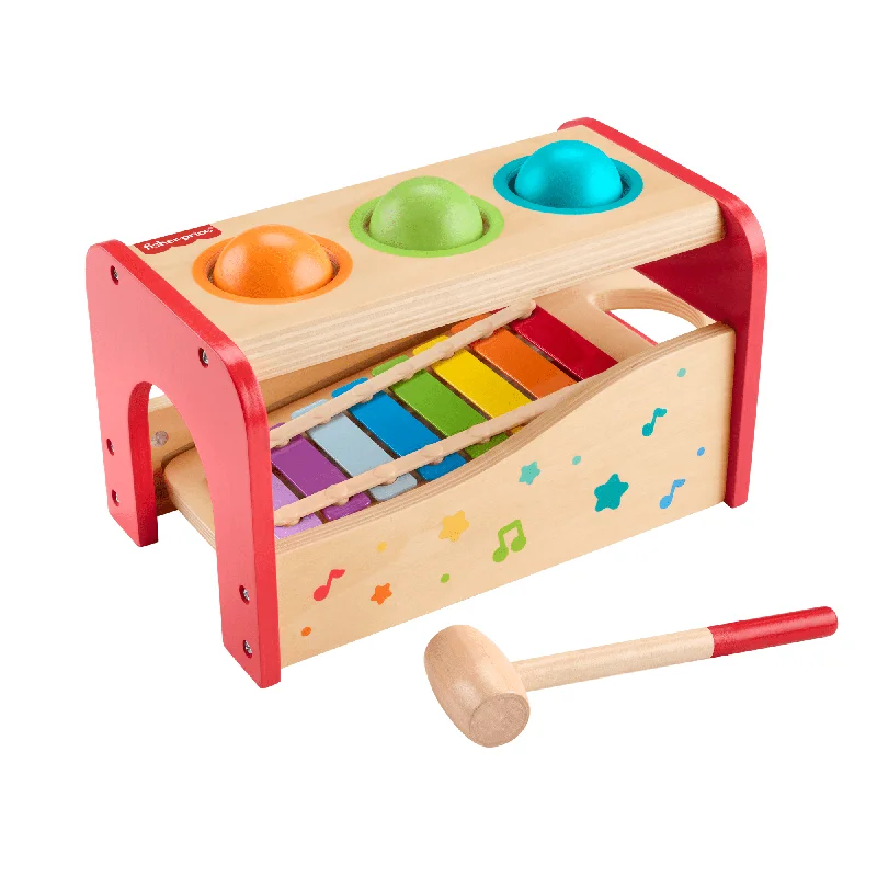 Hand - Painted Wooden Doll Set with Dresses and Accessories for Pretend PlaytimeFisher-Price Wooden Pound & Tap Bench Xylophone Toddler Musical instrument Toy, 6 Pieces