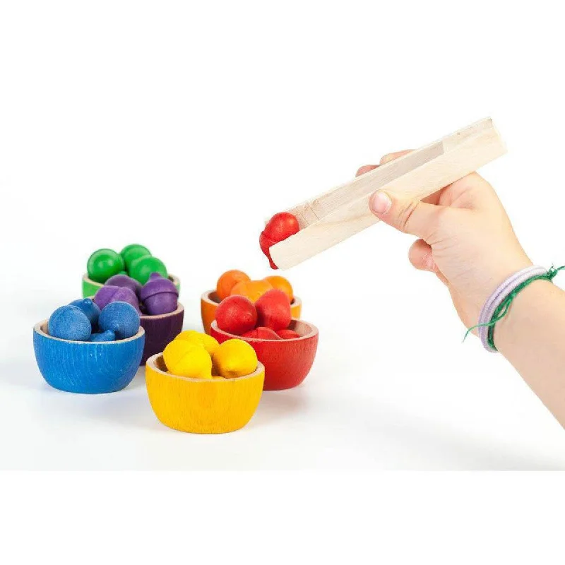 Handmade Wooden ABC Puzzle with Raised Letters for Tactile Learning ExperienceGrapat coloured bowls and acorns with tongs