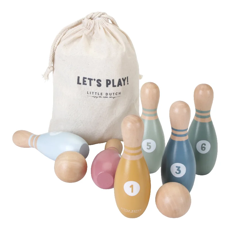 Hand - Turned Wooden Spinning Top with a Colorful Design for Classic AmusementLittle Dutch Bowling Set