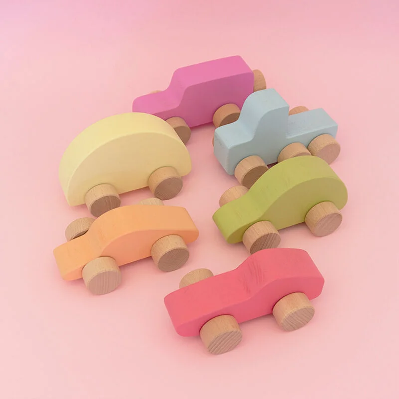 Natural Finish Wooden Pull - Along Wagon for Outdoor Toy Transport and PlayRainbow Wooden Car Set of 6 - Australian Made