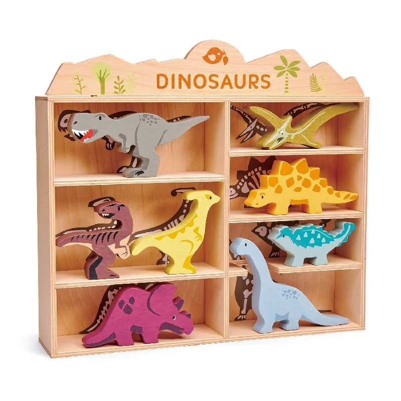 Natural Finish Wooden Pull - Along Wagon for Outdoor Toy Transport and PlayWooden Dinosaur Figures and Display Case