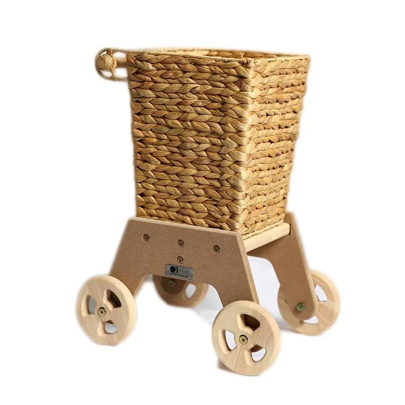 Natural Finish Wooden Pull - Along Wagon for Outdoor Toy Transport and PlayWicker Shopping Trolley