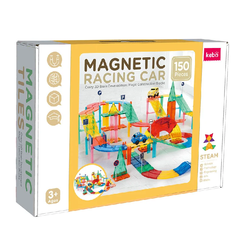 Large - Scale Solid Wood Educational Toys for Group Learning and Collaboration150 Pcs Magnetic Tiles Racing Car Set