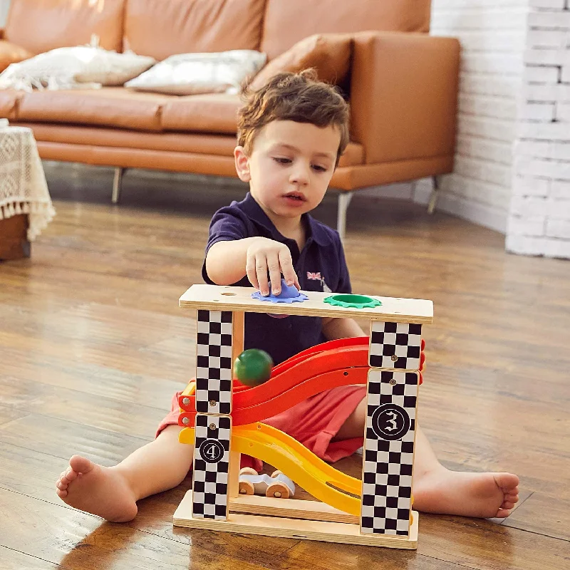 Solid Wood Educational Toys with a Math - Problem - Solving ChallengeECO-FRIENDLY Wooden 2 in 1 racing track & pounding bench