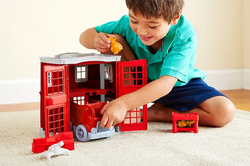 Natural Finish Wooden Educational Toys with a Music - Making Function for 3 - 5 Year OldsGreen Toys Fire Station Playset