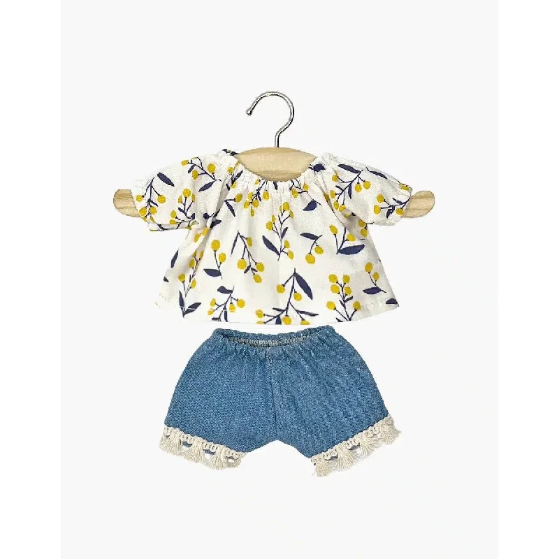 Dolls for Pet Lovers with Adorable Pet - Themed AccessoriesMinikane amigas Rosalie blouse top set in mimosa cotton and denim shorts with fringes