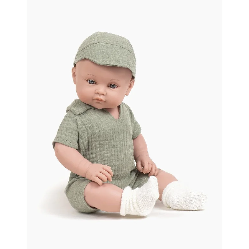 Dolls with a Voice - Recording Function and a Set of Microphone AccessoriesMiniKane bambinis boy Yann dressed in a tom Jumpsuit and green double gauze cap