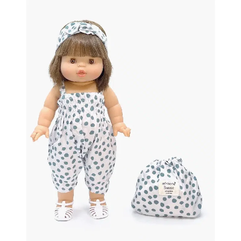 Interactive Talking Dolls with Educational Accessories like Storybooks and FlashcardsMiniKane gordis Bonnie jumpsuit and headband in Thelma grey polka dot cotton set with pouch